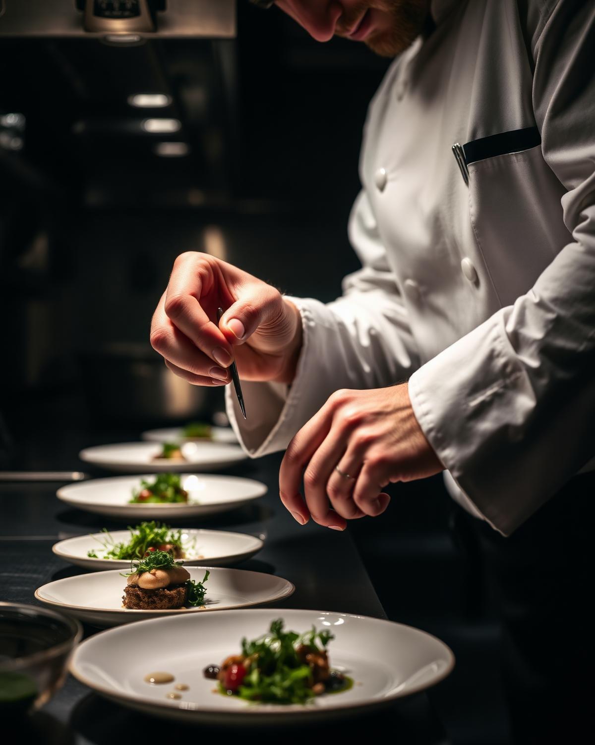 Chef plating with tweezers