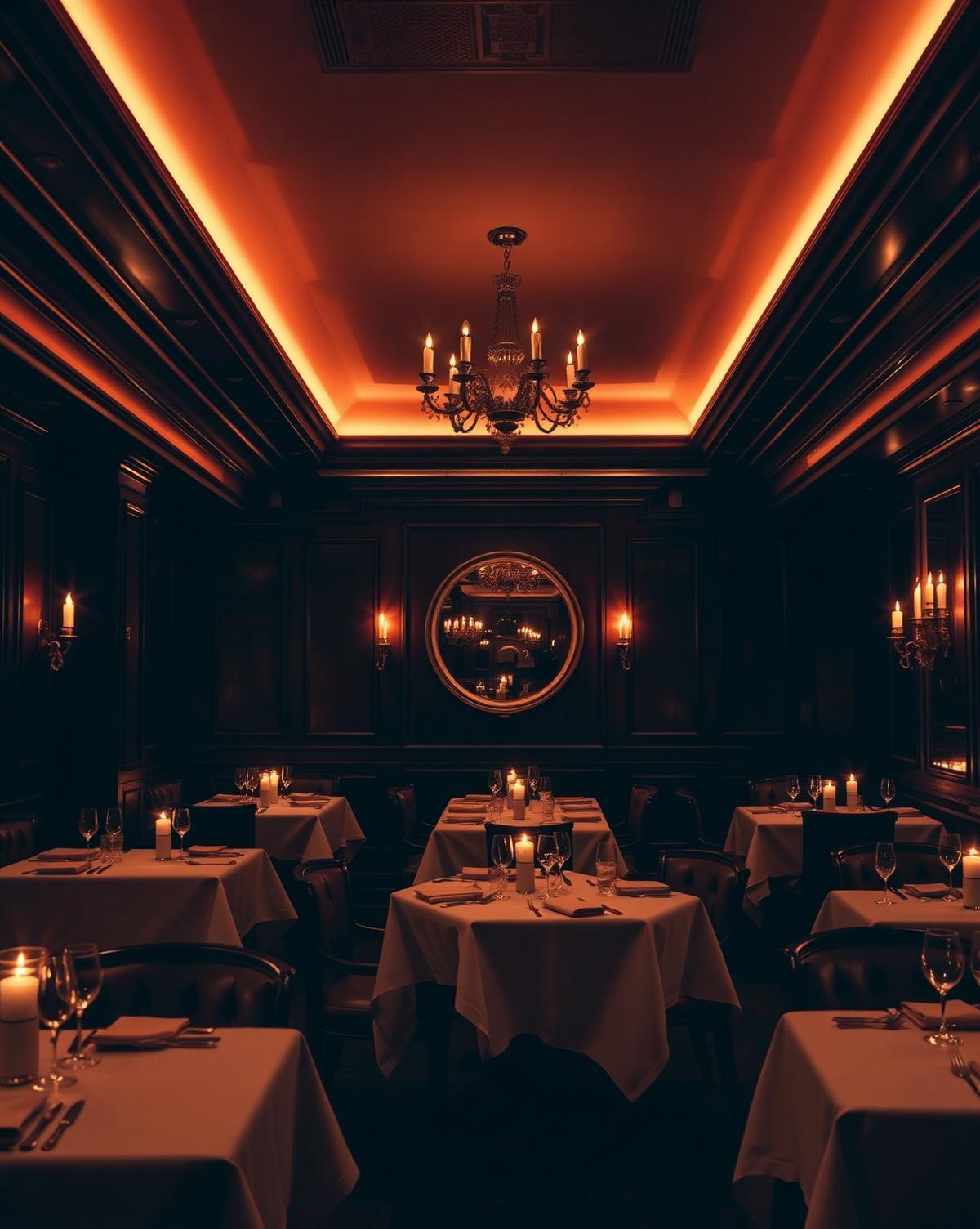 A candlelit Michelin-starred dining room with dark wood paneling